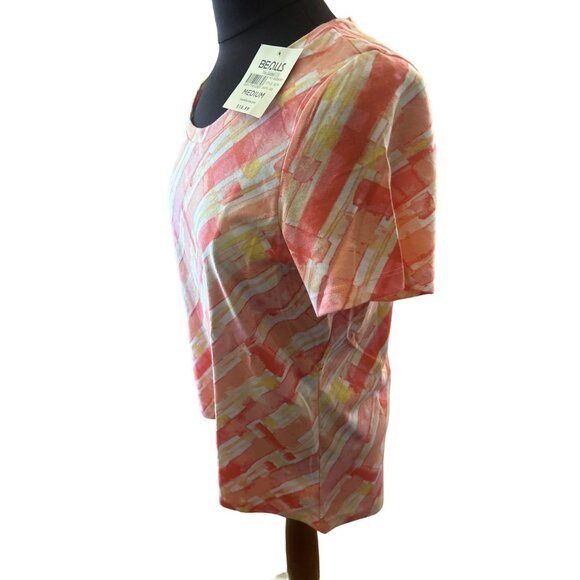 Coral Bay Pink & Yellow Print Short Sleeve Top, Medium - Picture 2 of 6